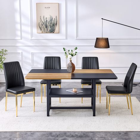 Ensemble table + 4 chaises – Verre sécurité 85cm – Similicuir noir – Moderne/minimaliste – Salon/Cuisine (1/5)