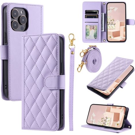 Funda tipo bandolera de piel con diseño de rombos para iPhone 16 Pro, color morado. (1/5)