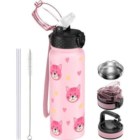 Wasserflasche Edelstahl Strohhalm Auslaufsicher 600 ml Hellrosa Katze (1/5)