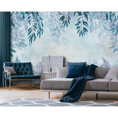 Papier peint panoramique feuilles suspendues bleues effet béton pour salon et chambre 312x219 cm (1/5)