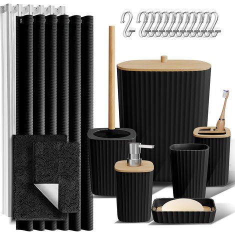 Ensemble d'accessoires de Salle de Bain – Ensemble de 22 pièces, Ensemble de Salle de Bain avec Rideau de Douche et Tapis, Ensemble de Rideau de Douche Noir avec Poubelle de Salle de Bain (1/5)