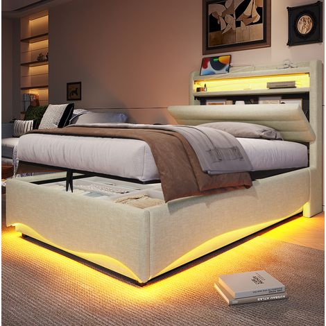 Cama dormitorio 90x200 con LED USB-C y almacenaje beige HAVRYA (1/5)