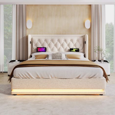 Lit coffre 160x200 cm, LED 3 côtés, USB-C, tête de lit rembourrée, rangement hydraulique, coton beige, sommier inclus (1/5)