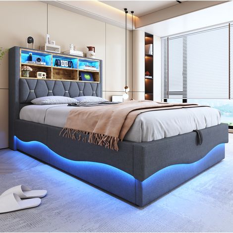 MEUBLIV Bettgestell 140x200 cm grau – Stauraum, LED-Lichtband, USB, ohne Matratze (1/4)