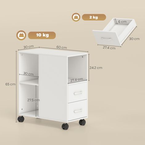 Table basse minimaliste à roulettes, 2 tiroirs, compartiment ouvert, étagère réglable, en bois, 60 x 30 x 65 cm, blanche (1/5)