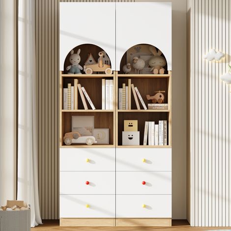 Bibliothèque 50 x 50 x 200 cm, 3 tiroirs, 3 étagères et grand rangement multiniveau pour chambre, poignées céramique, blanc et effet bois (1/5)