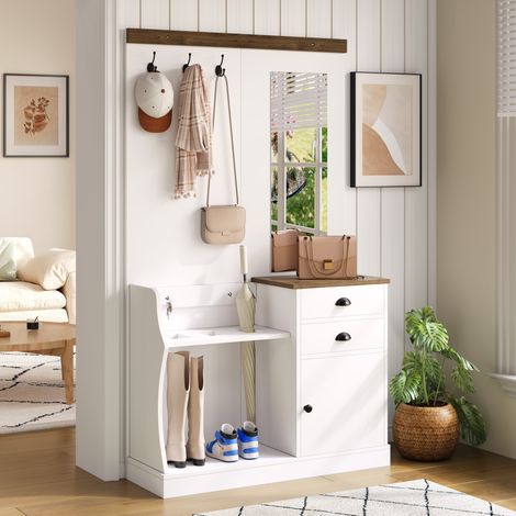 MEUBLIV Vestiaire d'entrée avec miroir 110,5x38x191 cm blanc et bois, 2 tiroirs (1/5)