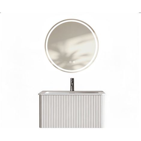 Ensemble salle de bain complet avec miroir rond LED 80 cm, meuble sous vasque 80 cm avec rangement, armoire murale blanche à rayures, pré-monté, tiroir intégré, mobilier WC moderne (1/3)