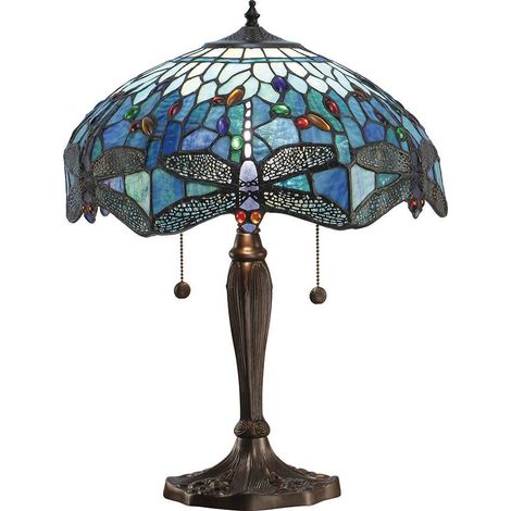 Interiors Dragonfly Blue - Lampada da tavolo 2 luce media bronzo scuro, blu, vetro stile Tiffany, E27 (1/3)
