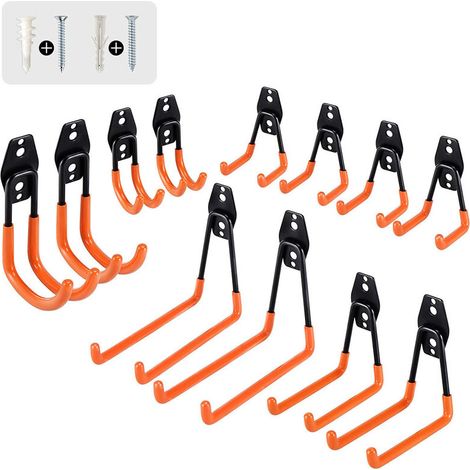 Confezione da 12 ganci da garage resistenti, doppi, per organizzare attrezzi da giardino e da garage, utensili elettrici, sedie, biciclette, corde, articoli ingombranti - Arancione