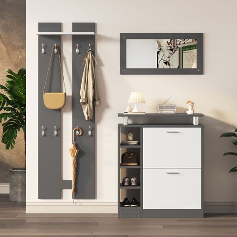 Ensemble vestiaire mural entrée 80x25x96,5 cm gris avec miroir, meuble à chaussures, 2 panneaux muraux avec 8 crochets et étagère de rangement (1/5)