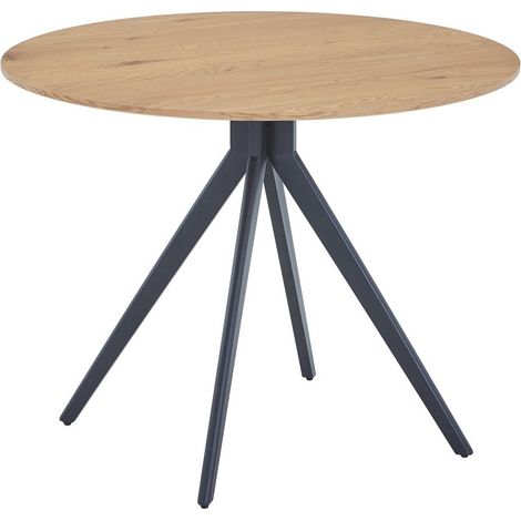 Round Dining Table with Light Oak Effect Top and Black Pedestal Base - MDF/Metal - L100 x W100 x H75 cm - Flat Packed