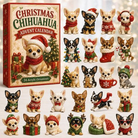 Chihuahua-Adventskalender 2026 – 24-teilig – beige, schwarz, rot, grün – Acryl – 28 x 20 cm – Weihnachtliches Chihuahua-Hängeornament-Set – Weihnachtsbaumschmuck – geeignet für Weihnachten und als Dek (1/5)