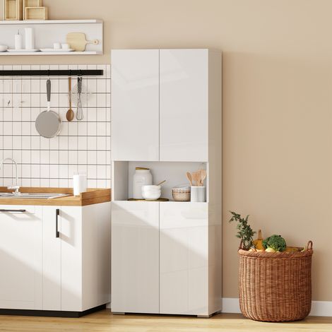 Mobile da cucina/dispensa alto 180 cm con ante a chiusura ammortizzata e ripiani regolabili, bianco lucido.