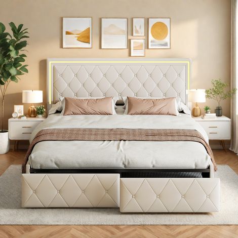 Lit Tiroir 160x200, Lit de rangement 160x200 avec Sommier, Lit Double avec 4 Tiroirs de Rangement et Tete de Lit et éclairage LED, PU (1/5)
