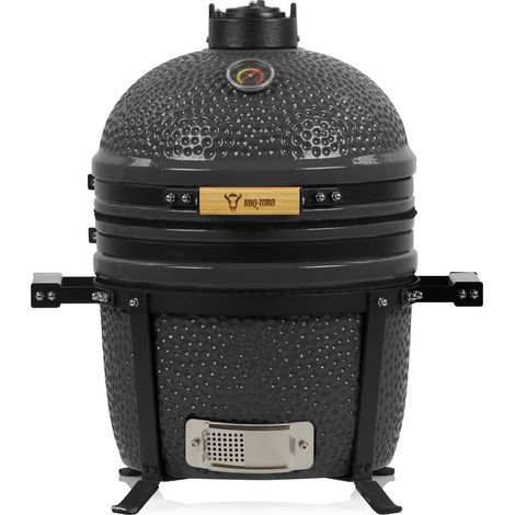 BBQ-Toro Kamado Grill Holzkohlegrill Ø 39 cm "SHIRO" mit Thermometer und Holzgriffen, Grau