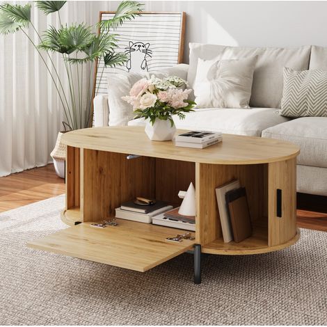 Mesa de centro ovalada con almacenaje, puertas correderas, estilo ratán, MDF, color natural HAVRYA (1/5)