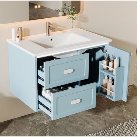 Mobile bagno sospeso sotto lavabo 76x46x51 cm con LED a sensore radar e 2 cassetti, blu (1/5)