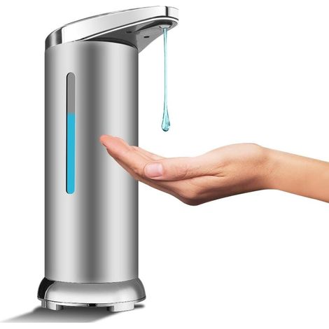 Distributeur de savon automatique en acier inoxydable, distributeur de désinfectant sans contact avec capteur infrarouge, interrupteur réglable et base étanche (argent) (1/4)