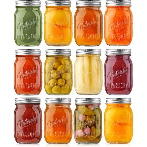 NutriChef 12 Barattoli Vetro con Coperchio 473 ml, Contenitore Miele, per Marmellata, Candele e Conserve, Vetro Spesso con Coperchio in Acciaio Inox (1/5)