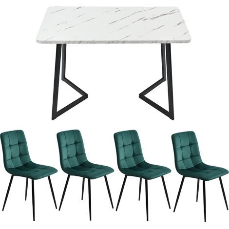 Juego mesa 117 cm y 4 sillas de terciopelo verde, conjunto de comedor rectangular (1/5)