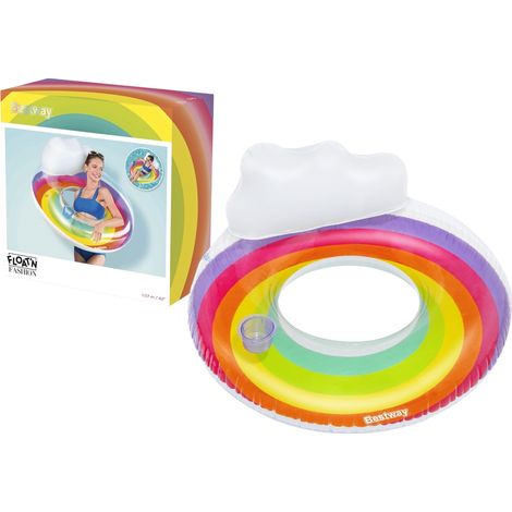 Bouée gonflable de 107 cm avec imprimé arc-en-ciel, appui-tête et porte-gobelet. (1/5)