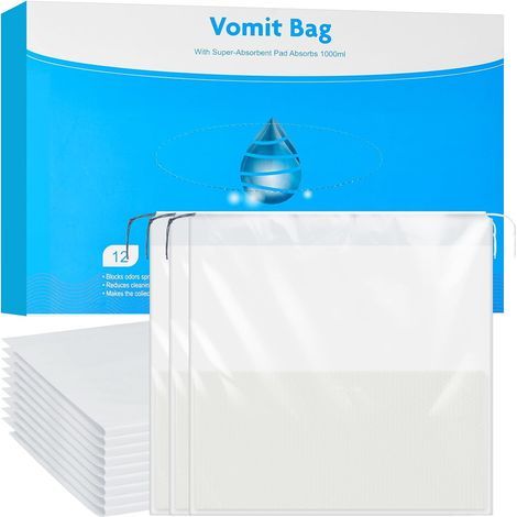 Sacchetti per il vomito monouso, confezione da 12 pezzi da 1000 ml, a prova di perdite, con cuscinetti super assorbenti, inodori, ideali per auto e per la gravidanza, adatti a bambini e adulti. (1/5)
