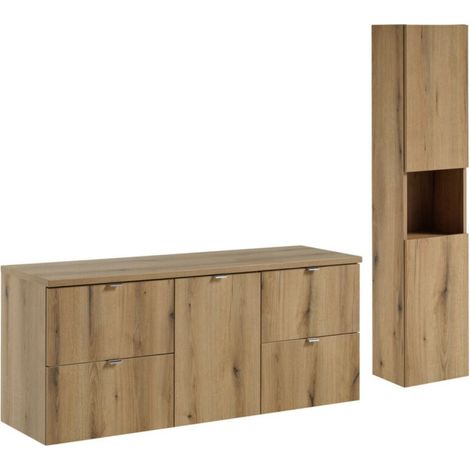Set sospeso VANO effetto rovere 170cm: mobile sotto lavabo con cassetti e cesto portabiancheria integrato + piano per lavabo + colonna