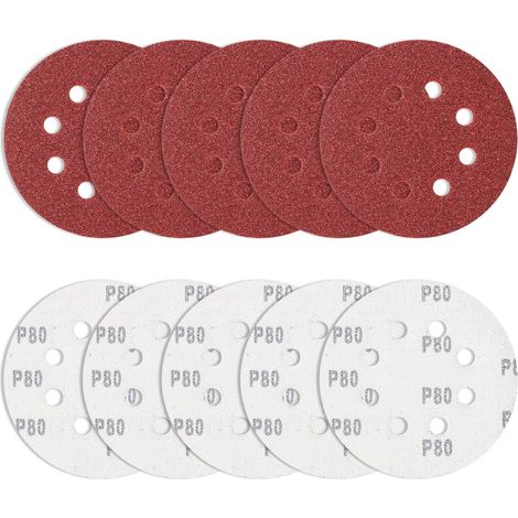 Lot de 10 Feuilles abrasives 125 mm Grain 80, disques abrasifs Ronds excentriques 8 Trous pour ébavurage et ponçage des Points de Soudure (1/5)