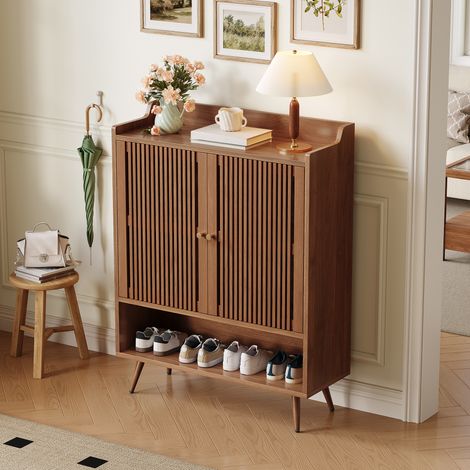 Mueble zapatero 80x35x105 cm para entrada, almacenamiento ventilado con estante fijo, MDF, pino y nogal (1/5)