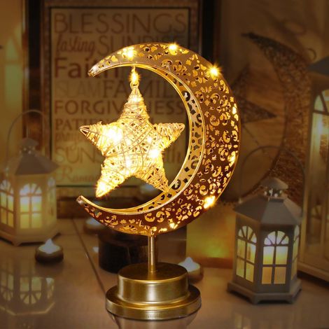 Lampe de lune rustique pour les décorations du Ramadan,lumières de Ramadan en métal et rotin à piles pour décoration de chambre à coucher (1/5)