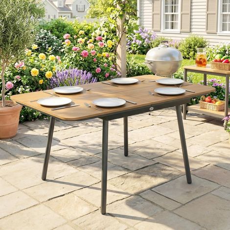 Mesa de jardín 140x80x75 cm para 6 personas, con patas ajustables, tablero WPC, metal, color teca (1/5)
