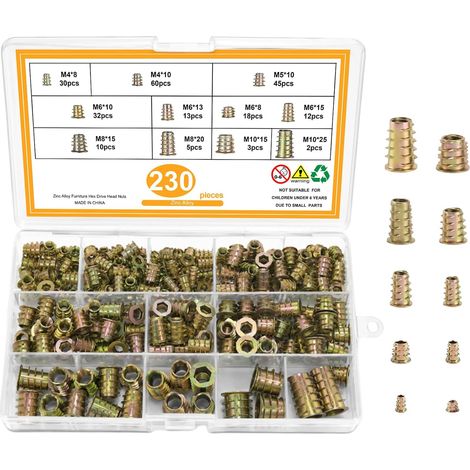 230 Stück Gewindeeinsätze für Holz, Sechskantmuttern aus Zinklegierung, Außengewindeeinsätze, Einpressmuttern für Gewindeeinsätze in Holzmöbeln (230 Stück) (1/5)