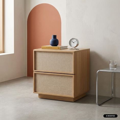 sweeek - Table de chevet décor bois et tissu 2 tiroirs naturel - Kuba (1/5)