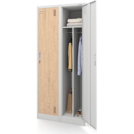 Jan Nowak Stahlspind Garderobenschrank Spind Kleiderspind Doppelspind 2 Abteile Flügeltüren Trennwand Pulverbeschichtung 180 cm x 80 cm x 50 cm (H x B x T) (weiß-holzoptik)