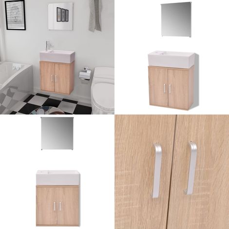 Set Mobili da Bagno con Lavabo 3 pz Beige - Specchio da bagno - Lavabo da bagno
