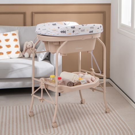 Table à Langer Bébé avec Baignoire 20L Pliante 4 en 1 Coussin en PVC 4 Roues Universelles Maximum 35 Kg 0-12 Mois Beige CW9624 Maison Chic (1/5)