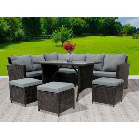 BIRCHTREE Rattan Furniture Set Sofa Chair Foot Stool Table Glass Coffee Table 9 Seater Cushion Outdoor Patio Brown