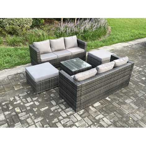Fimous 8 places Salon de jardin en rotin avec Table basse carrée 2 grand tabouret Mélange gris foncé (1/5)