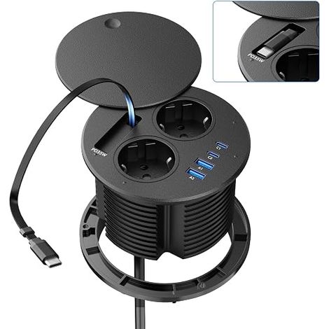 Recessed Power Strip with Retractable USB-C Cable Black (1/5)
