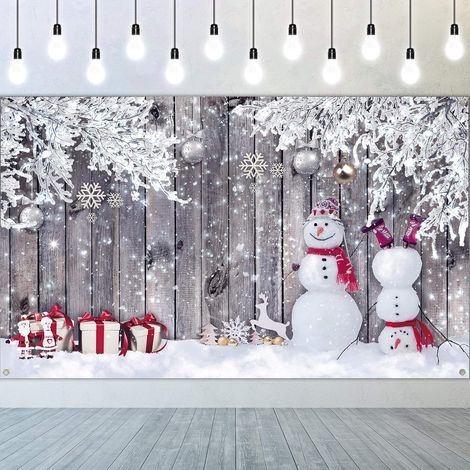 Weihnachtsfotohintergrund, Holz- und Stoffhintergrund mit Schneemannmotiv