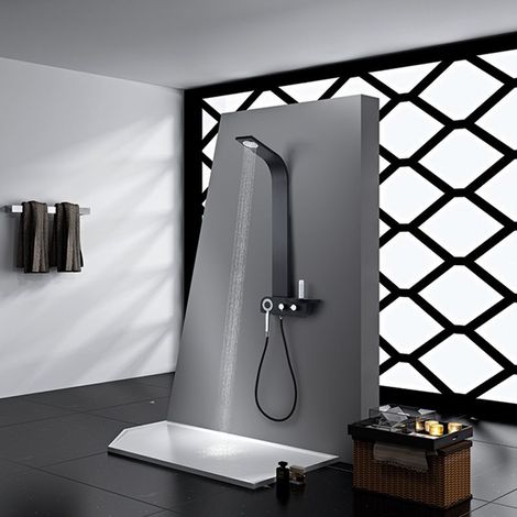Distribain – Colonne de douche sans robinetterie – Aluminium noir mat – Pommeau dôme de pluie 200mm – Douchette multijets – Dimensions 440x450x1120mm - S300-3 (1/5)
