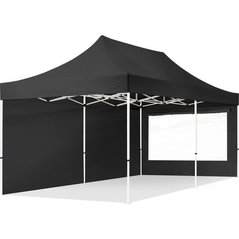 3x6 m Faltpavillon, ECONOMY Stahl 30mm, Seitenteile mit Panoramafenstern, schwarz