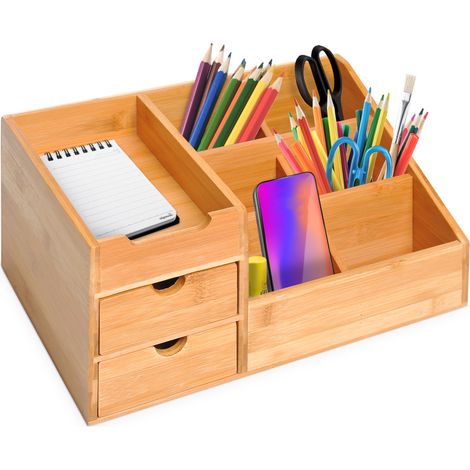 Organizador de escritorio de bambú con 2 cajones y 7 compartimentos 33 x 20,5 x 15,5 cm HOMVRA (1/5)