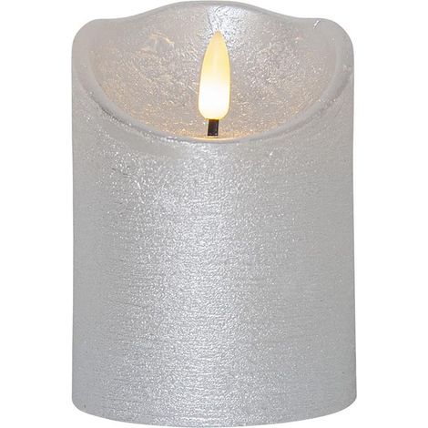 Star Trading Bougie LED cire véritable 'Flamme Rustic', piles, minuterie, blanc chaud vacillant, argent, H 10cm, Ø 7,5cm