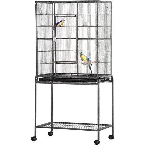 Jaula para pájaros metálica con ruedas, perchas, comederos y estante 81x48x162,5 cm Negro y Gris