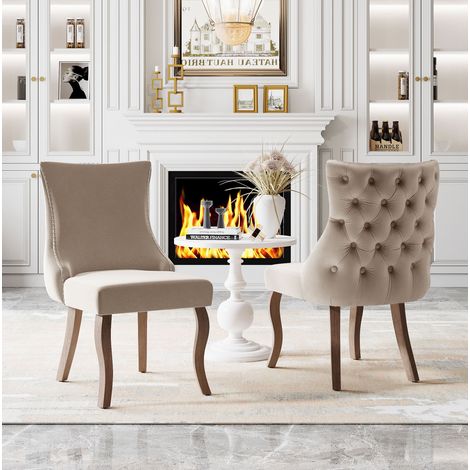 Lote de 2 sillas de comedor de terciopelo con patas de madera maciza, beige (1/5)