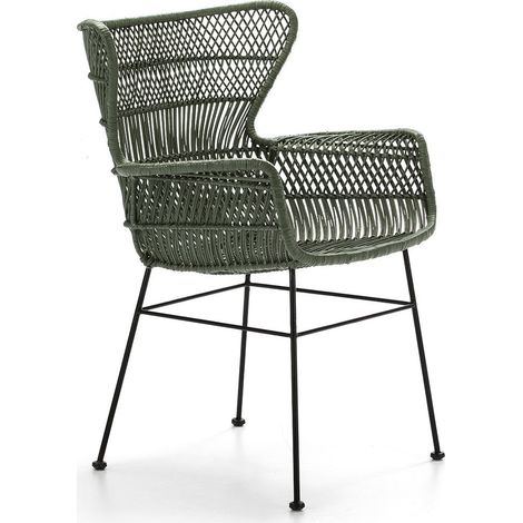Chaise avec accoudoirs osier vert et pieds métal noir Mim's (1/4)