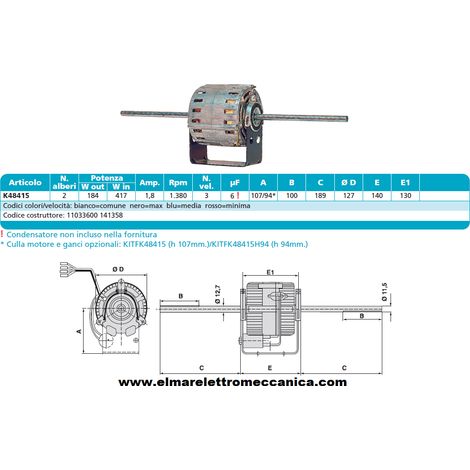 RPM 11033600 Motore 417 W BIALBERO 3 Velocità aspiratore Fan Coil