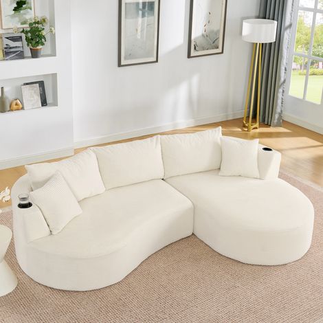 3-Sitzer Kompressionssofa,Rechte Chaiselongue+2-Sitzer, Bogenförmiges Design, weicher Kordstoff, mit Getränkehalter und Kissen, vakuumverpackt, für Wohnzimmer, Hotel, Apartment und Büro,Beige